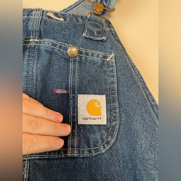VINTAGE | Carhartt | Men's Loose Fit Washed Cotton Denim Bib Overalls - Picture 5 of 15